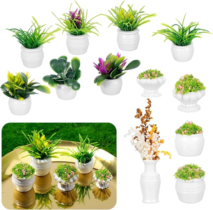 12 Pcs Miniature Dollhouse Plants Accessories for Doll House Tiny Fake Greenery Bonsai Ornament Crafts, Mini Artificial Plants, Dollhouse Plant for Doll House Decoration and DIY