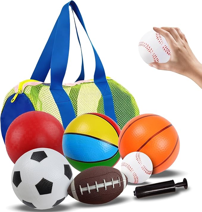 6 Pack Balls for Toddlers 1-3, Sports Balls for Kids & Baby with Pump & Carry Bag, Soft Mini Football, Soccer, Basketball, Baseball, Volleyball, 1 2 3 4 5 6 Year Old Indoor Outdoor Toys Birthday Gift