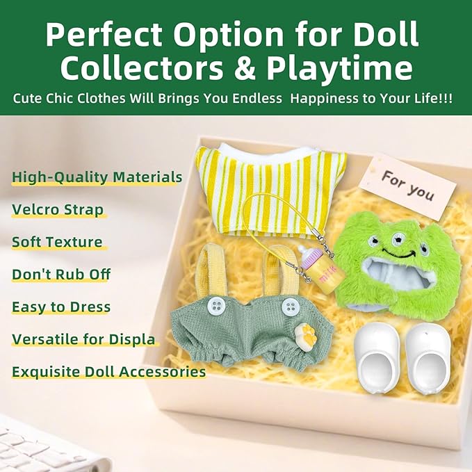 Clothes for Labubu 17cm Doll (NO Doll), 5 Piece Labubu Clothes Set, Cute Labubu Outfits with Accessories, Handmade Crochet La Bubu Doll Dress Up Set（Keroppi）