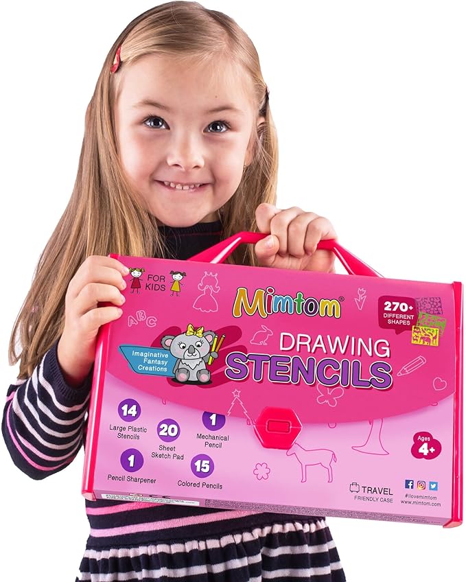 Mimtom Drawing Stencil Kit for Kids, 51 PC Art Set with 270+ Shapes, Sketch Pad, and Colored Pencils for Child's DIY Arts and Crafts, Draw with Princess, Fairies and Animal Stencils, Pink