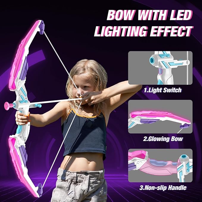 Bow and Arrow for Kids, LED Light Up Archery Set with 12 Suction Cup Arrows, 1 Hanging Target, 3 Score Targets & 1 Quiver, Indoor Outdoor Sport for Boys Girls Ages 4-12, Purple