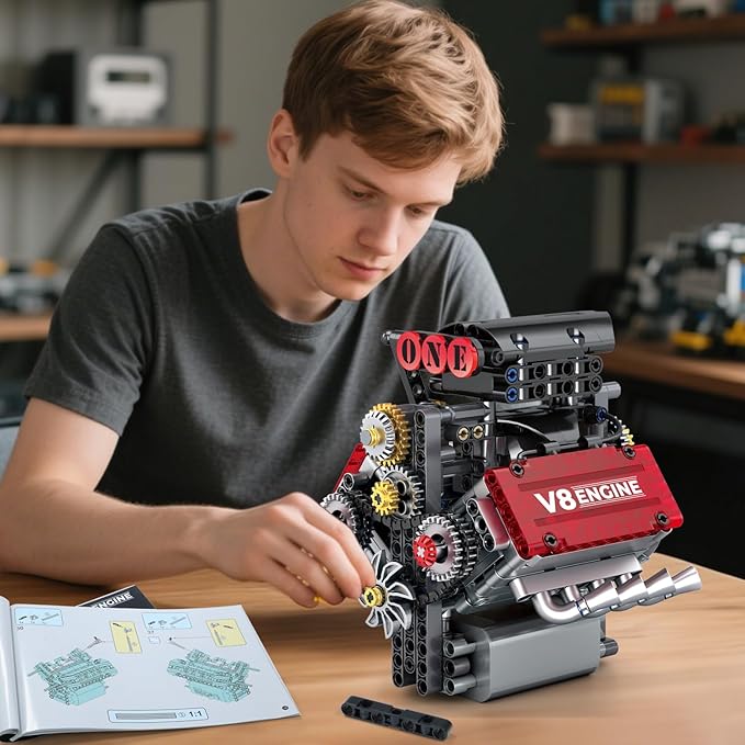 V8 Engine Building Set,V8 Engine Model kit that Run,Build Your Own STEM Mini V8 Model Engine Kit with Battery and Motor,8-Cylinder Car Engine Building Engineering Toys for Kids Adults(478PCS)