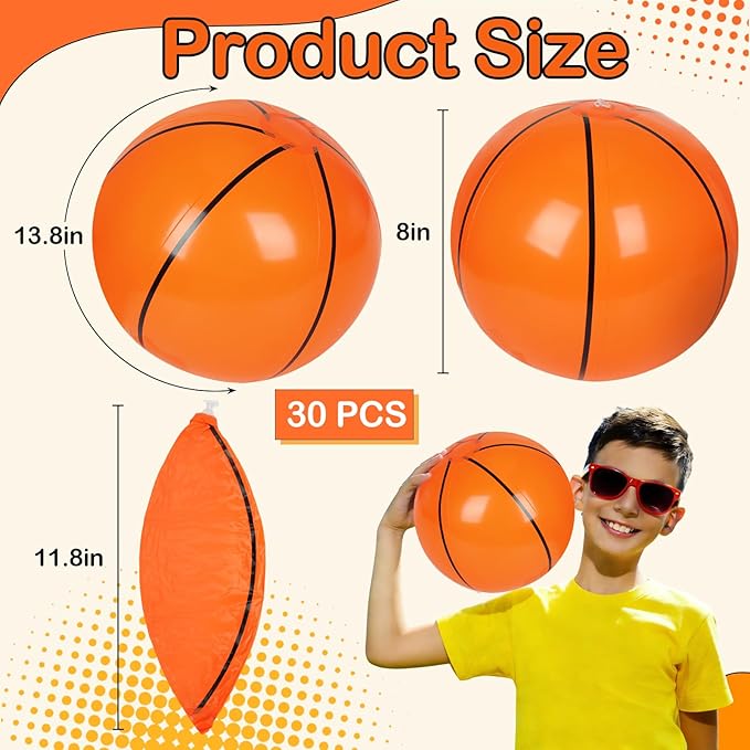 30 Pieces Basketball Beach Balls, 8 Inch Inflatable PVC Blow Up Beach Ball Bulk for Sports Themed Summer Beach Pool Game Water Sand Basketballs March Madness Decorations Birthday Party Favors