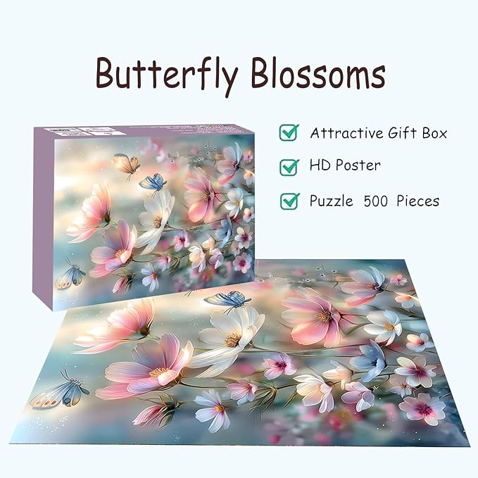 Puzzles for Adults 500 Pieces, Flowers Jigsaw Puzzles - Butterfly Blossoms, Impossible Flowers Butterfly Puzzle for Seniors Families, 20.47x14.96 Inches, 1:1 Poster, Letter On The Back