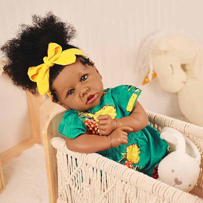 HOOMAI Reborn Baby Black Dolls African American Lifelike Silicone Doll Realistic 22.8 Inch with Cloth Body Birthday Gift Set for Ages 3+