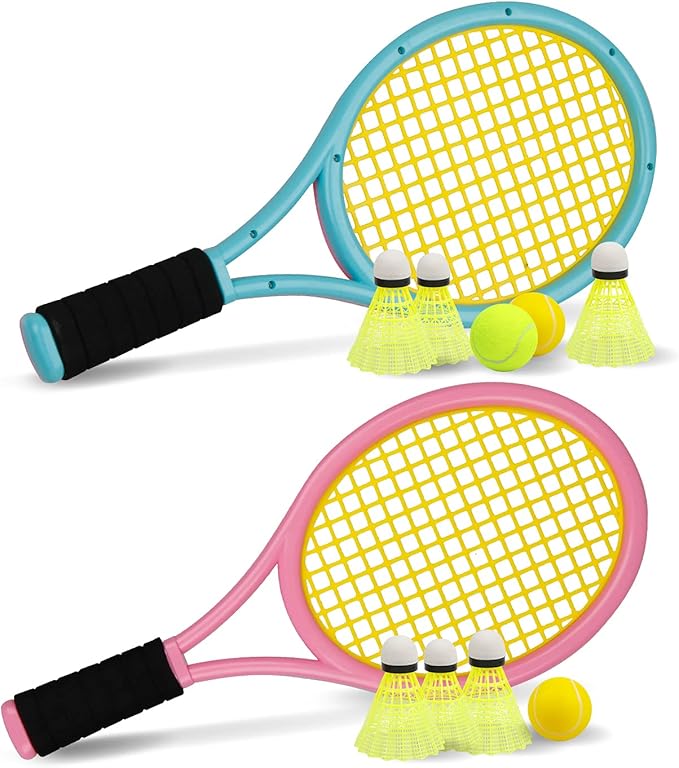 Crefotu Kid Tennis Racket Set for Toddler,Children,Sponge Handle, includes 6 Badminton, 1 Tennis Ball, Bag and 2 Balls - Increase Children's Sports,Improve Tennis Skills
