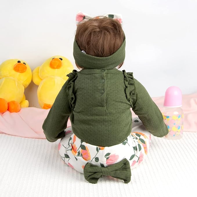 Reborn Baby Doll Clothes Outfit Accessories Army Green 4pcs Set for 17-22 Inch Reborn Doll Newborn Girl