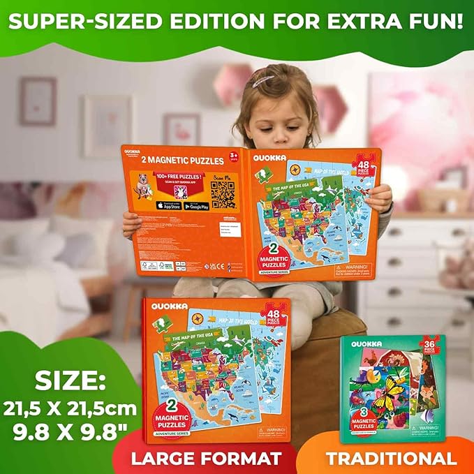 QUOKKA Magnetic Puzzles for Toddlers 3-5 – 2x48 Pieces Travel Games – USA & World Map Learning Magnetic Puzzles for Kids Ages 4-8 – Educational United States Puzzle Gift Toy for Boys and Girls