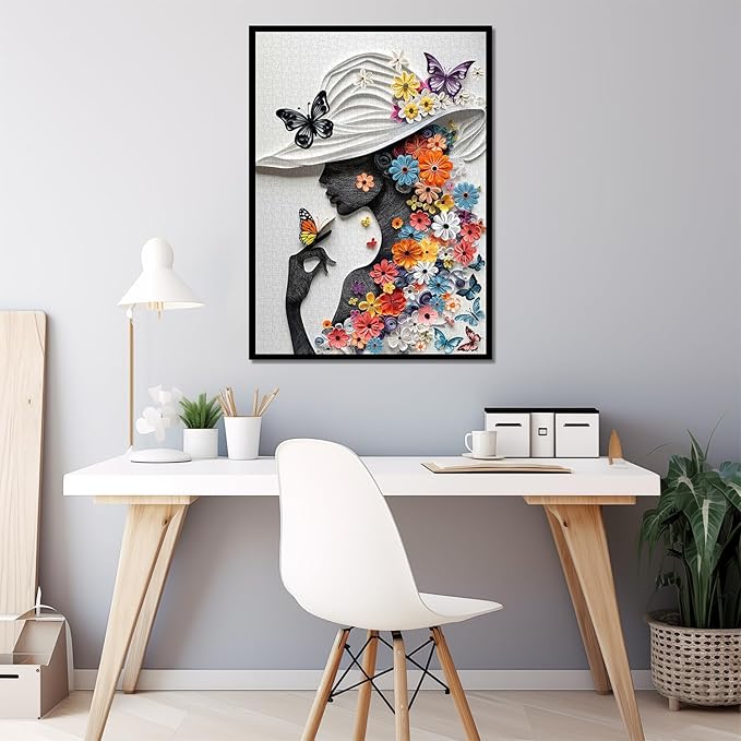 Flower Woman Puzzle for Adults 1000 Pieces, Butterfly Fairy Girl Jigsaw Puzzle, Colorful Floral Women Paper Art Puzzles as Home Decor