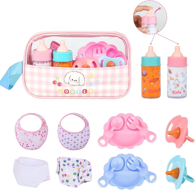 CARANOVO Baby Doll Accessories Set – 7 Pcs Feeding Bottle Toys, Magic Disappearing Milk & Juice, Pretend Play Set with Pacifiers, Reusable Bibs and Diapers, Kids Gift