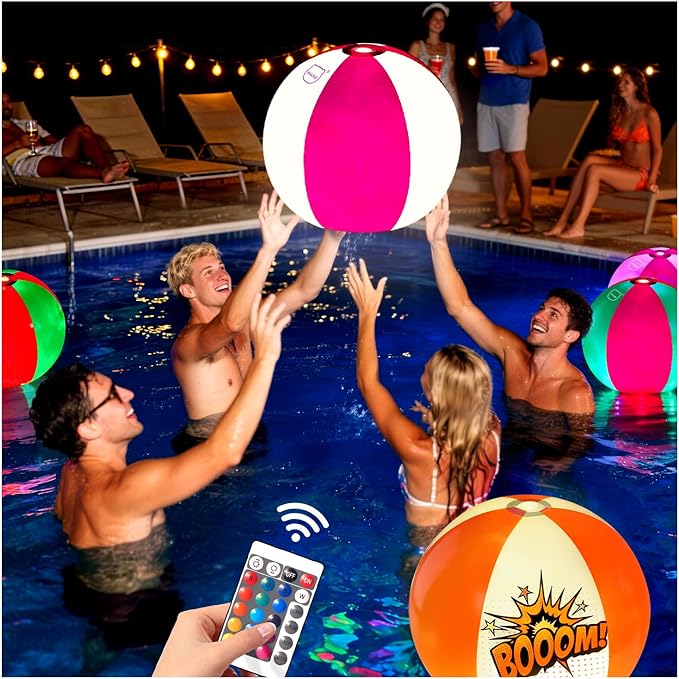 MIAOKE Funny and Playful Pool Toys 16 Inch 3 Pack- LED Beach Ball with Remote Control,Suitable for Pool Games Night Summer Pool Party,Outdoor Everybody Family Games(Red Green Orange Each 1 Pc)