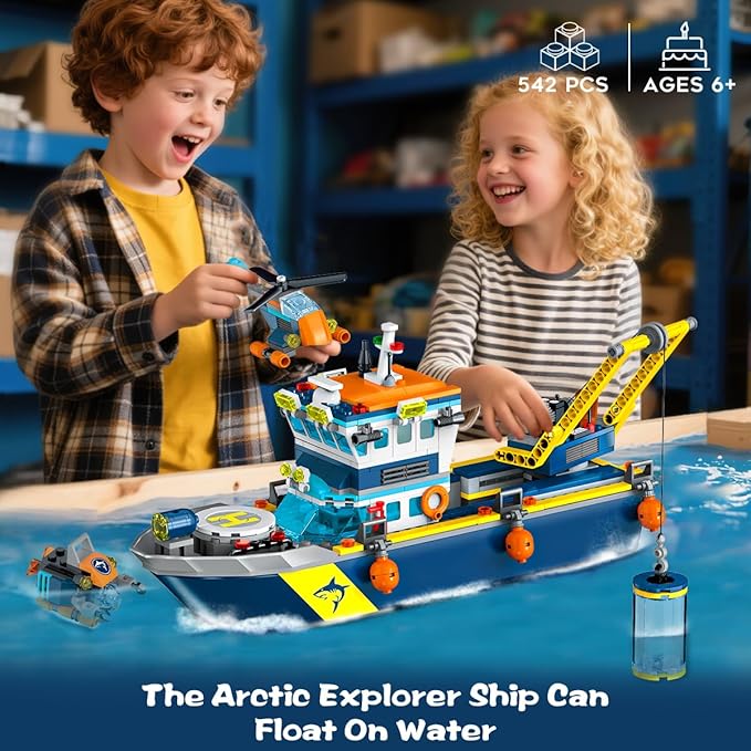 City Floatable Boat Building Set with LED Light - Ocean Arctic Explorer Ship Building Block Kit with Helicopter, Sub Exploration Toy Adventure Set Birthday Gift for Kids Boys Girls 6 7 8 9 10+