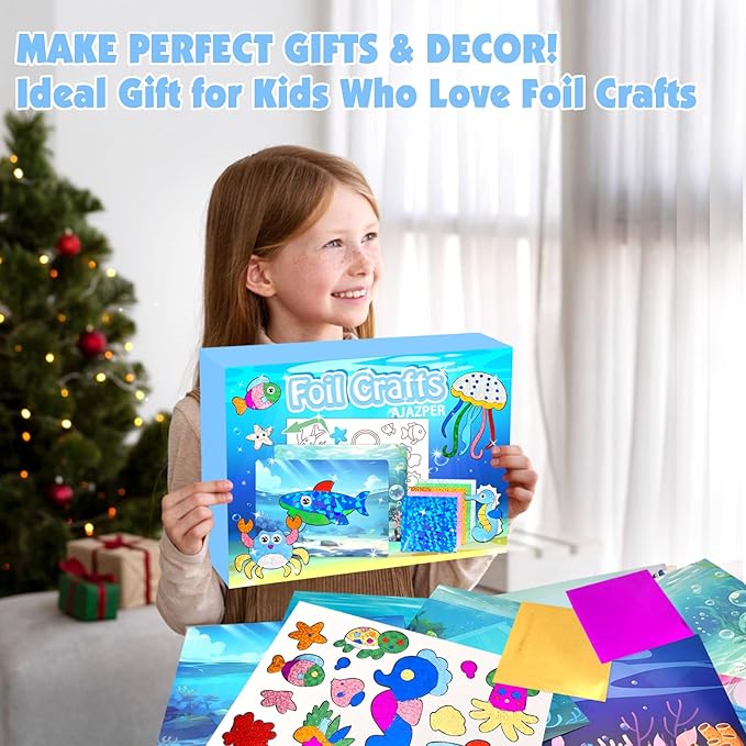 AJAZPER Foil Crafts for Kids, Arts Kit for Kids, Art & Craft Supplies Kits, DIY Creative Activity Travel Toy Gift, Ideal Birthday Christmas Party Favor Gifts for Girls Boys Ages 4+ (Blue)