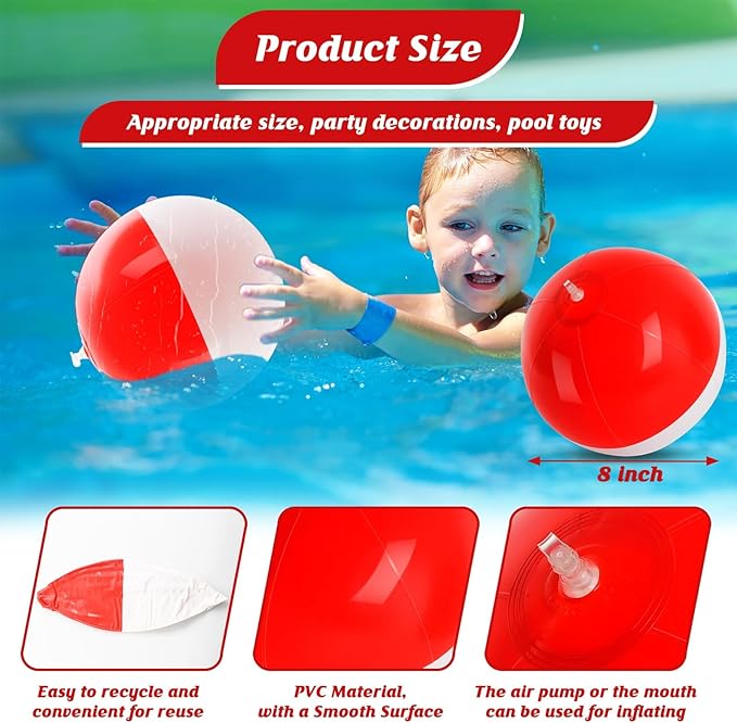12PCS Beach Ball Set-8 Inch Vibrant Red & White-Themed Inflatable Balls for Kids' Cartoon Birthday Parties, Summer Pool Games, Animated Decorations, Bulk Party Favors,Beach-Themed Events