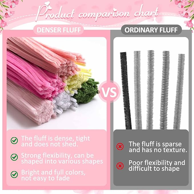 Peryiter 500 Pieces Pipe Cleaners Chenille Stems for Flowers Craft Supplies Bulk Fluffy Fuzzy Sticks for DIY Art Projects Creative Gift Wrapping Party Decorations(Pink Flower,12 Inch)