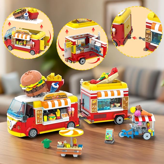 HOGOKIDS City Burger Truck House Building Toy - 2 in 1 Burger Van and Restaurant Building Blocks Set Mobile Ice Cream Food Cart Tables Restaurant Playset Valentines Gift for Kids Boys Girls 6+(826PCS)