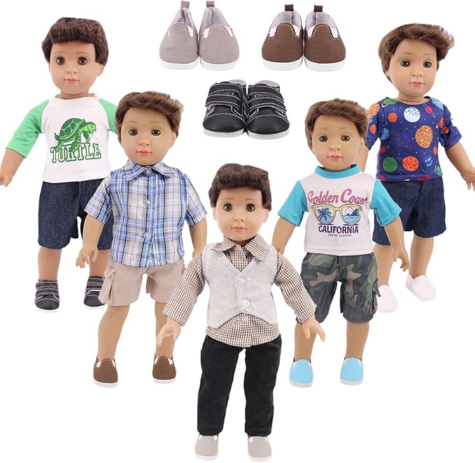 Ecore Fun 5 Sets Boy Doll Clothes and 3 Pairs of Shoes Fit for 18 Inch Boy Dolls Clothes Outfit Birthday Reward Gift for Kids