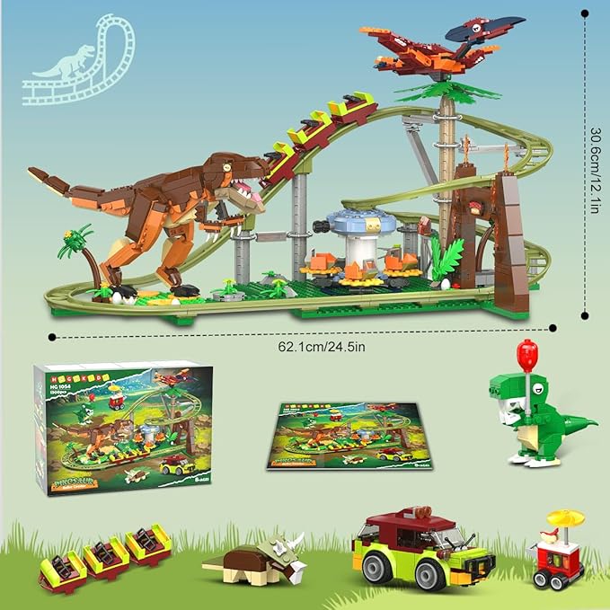 HOGOKIDS Dinosaur Roller Coaster Building Set - 1222 PCS Roller Coaster Building Toy with 4 Dinosaur, Off-Road Vehicle, Food Cart, Dinosaur Models Playset, Gifts for Adults Girls Boys Ages 8-12 Years