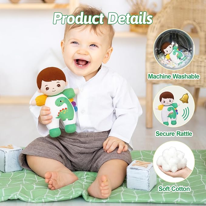 OUOZZZ Soft Boy Baby Doll 10" - First Birthday Toys for 1 Year Old Boy, Ideal 1 Year Old Boy Gifts & Baby Boy Gifts, Snuggle Buddy for Infants Dinosaur Toy