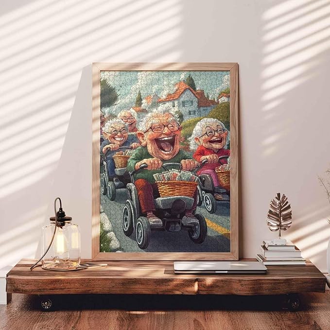 Old Friends Dating Together 1000 Piece Jigsaw Puzzles for Adults Old Man Riding Bike Painting Jigsaw Puzzle Happiness Elder 1000 Pieces Puzzles Game Home Wall Decor DIY Craft Puzzle Art Gift(Colorful)