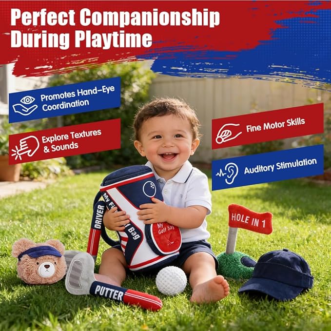 teytoy My First Baby Golf Bag Gift Set, 6 Pcs Baby Golf Toy Sensory Play Set with Plush Club, Ball, Bag, Bear, Fun Birthday Gift for Babies Infants Toddlers