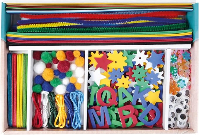 Lena 42715 Craft Case Parts, Material for Crafts with Colourful Paper, Foam Rubber, Pipe Cleaners, Wiggle Eyes, Pompoms, Ice Sticks and More, for Children from 5 Years, 400 Blue & Green
