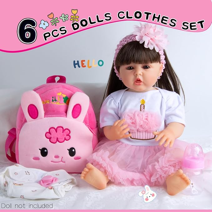 Reborn Baby Doll Clothes Girl Pink TUTU Dress with Backpack Diaper Accessories 6 Pcs for 17-22 Inch Babydolls, Outfit fit Babies Dolls Girl - Magnetic Pacifier & Fedding Bottle,Babies Pretend Play Set