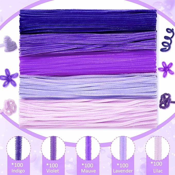 Peryiter 500 Pieces Pipe Cleaners Chenille Stems for Flowers Craft Supplies Bulk Fluffy Fuzzy Sticks for DIY Art Projects Creative Gift Wrapping Party Decorations(Purple,12 Inch)