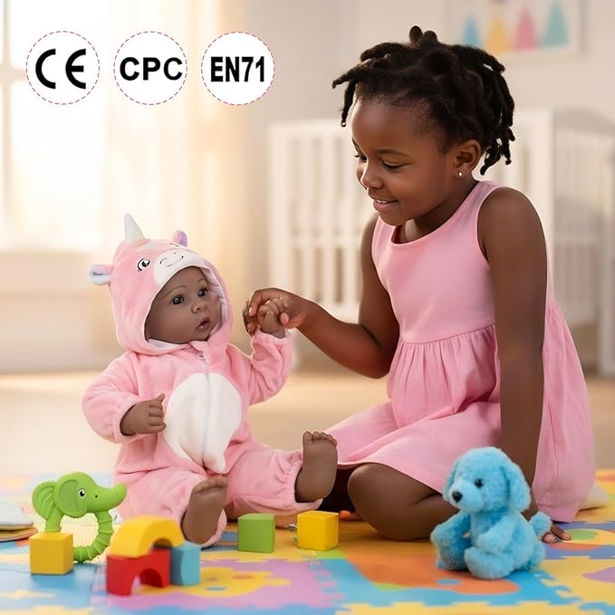 Aori 17 Inch Black Baby Dolls Realistic Black Doll with Light Weighted Soft Body & Pink Outfits for Girls 3+ | Pretend Play, Dress Up, Nursery Decor