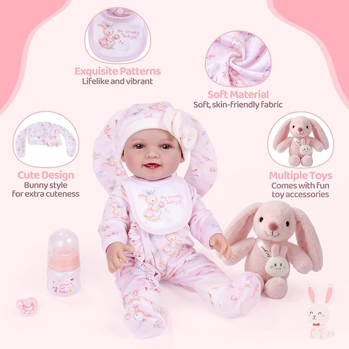 BABESIDE 8 Pcs Baby Doll Clothes Set with Bassinet for 12-15 Inch Dolls, Cute Bunny Baby Doll Clothes and Accessories Toy, Feeding Bottle – Babydoll Accessories for Gilrs