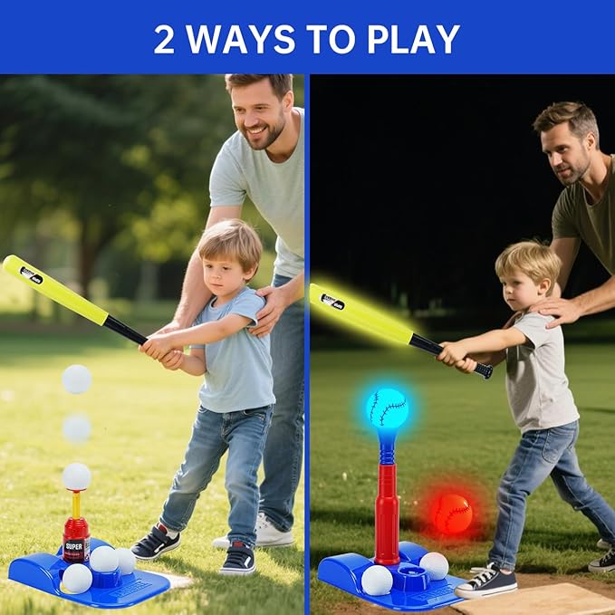 2 in 1 Glow In The Dark T Ball Sets for Kids 3-5 5-8,Light up Tee Ball Set with Automatic Pitching Machine/Adjustable Glow Batting Bat & Stand/6 Balls /2 Glow Balls, Baseball Toys for Toddlers Boys