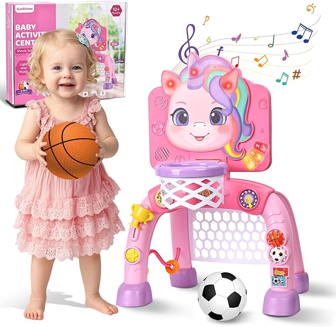Toddler Basketball Hoop&Soccer Goal,Toys for 1 2 3 Year Old Girls,1+ Year Old Girl Gift 1st Birthday Chirstmas, Baby Sports Toy with Light Sound Music,12-18 Months Baby Activity Center