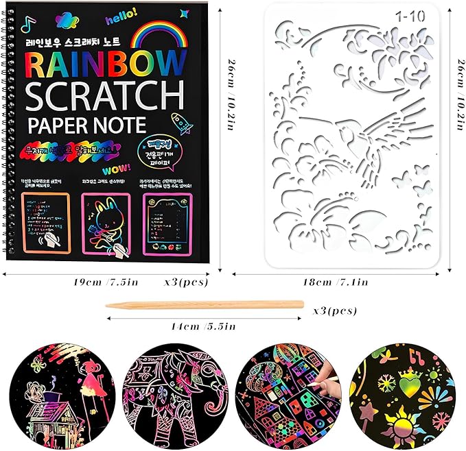 heynsgu 30Pcs Rainbow Scratch Paper Art Notebooks, Black Magic Sketch Book Pads with Stencils for Kids Crafts Artist Drawing Activity Toy Christmas Brithday Gifts Ages 3-12