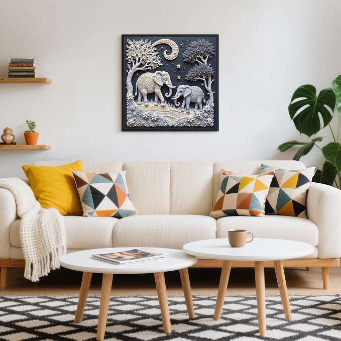 1000 Piece Jigsaw Puzzle for Adults, 3D Elephants and Calves in the Magical Forest, Moon and Stars Nature Scene, 22.8x22.8 Inch Premium Puzzle, Precision Cut for Relaxation & Home Décor