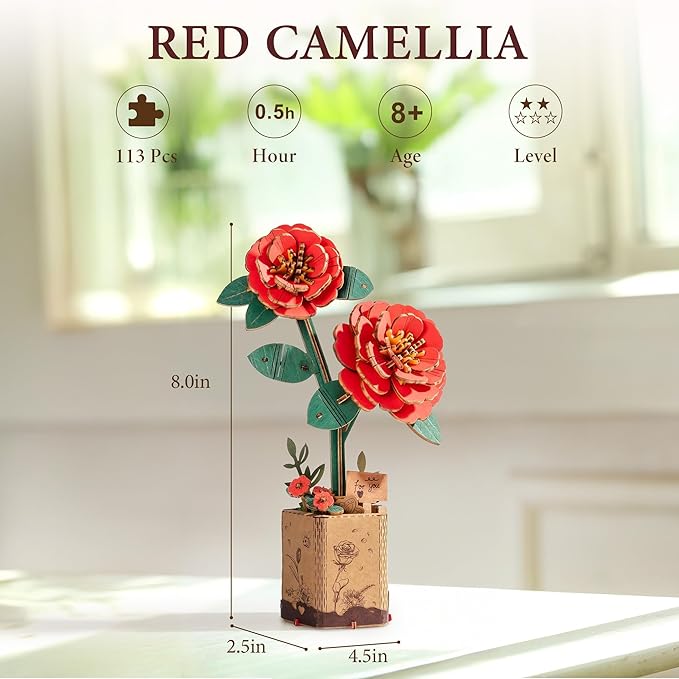 ROBOTIME 3D Puzzle Wooden Flower Red Camellia DIY Model Kit to Build for Adults Artifical Bouquet Collection Craft Brain Teaser Puzzle Creative Gift Home Decor