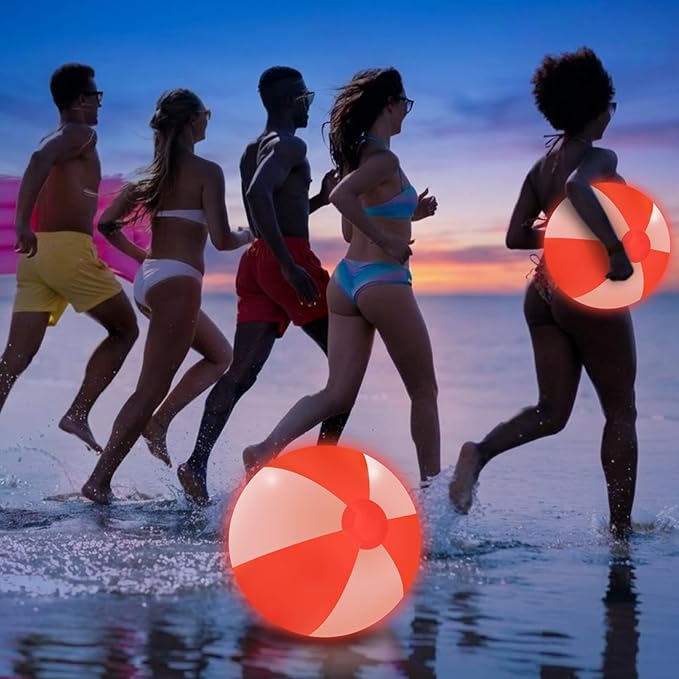12 Pcs Light up Beach Balls 16'' Jumbo Pool LED Balls Glow in The Dark Neon Giant Inflatable for Summer Hawaiian Tropical Theme Beach Party Decor Water Accessory (Red)
