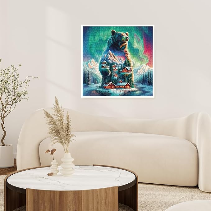 Magic Northern Lights Bear Puzzles for Adults 1000 Pieces, Fantasy Winter Snow Cabin Jigsaw Puzzle, Challenging Aurora Borealis Landscape Art Puzzles