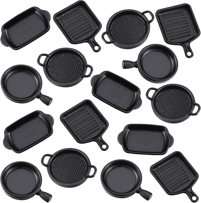 Skylety 16 Pcs Dollhouse Kitchen Accessories Dollhouse Metal Miniature Pots and Pans Mini Kitchen Stovetop Cookware Christmas Role Play Party Decoration Supplies