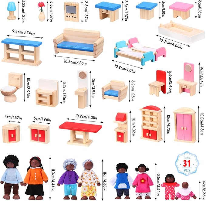 Sumind 35 Pcs Wooden Dollhouse Furniture and 8 African American Dolls Set for Inclusive Creative Play Fits Most 1 12 Scale Miniature Houses Easter Gift for Boys Girls