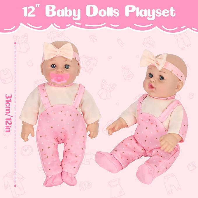 Mastom 12'' Baby Doll Playset with 4 Outfits Backpack, 12 Inch Realistic Baby Dolls with Clothes Backpack and 2 Bottles Bib Quilt Nipple Socks, Pretend Play Baby Doll Gift for Toddlers Girls Age 3+