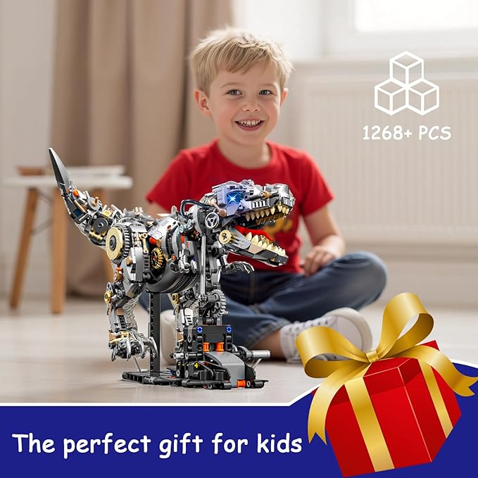 Mechanical Tyrannosaurus Building Blocks Set with LED Light & Display Stand, 1268 PCS T-Rex Dinosaur Model Kit, Home Decor & Collectible Gift for Adults, Teens.