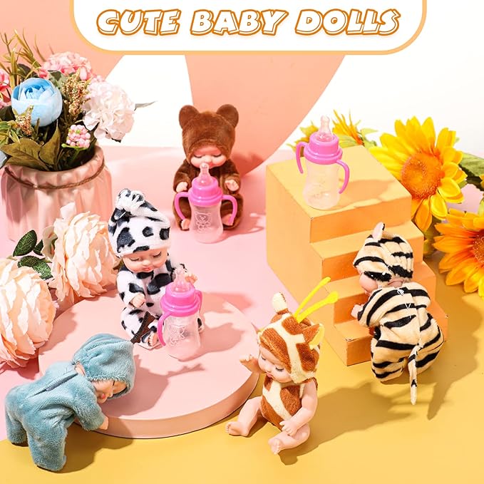 Retrowavy 10 Pcs 4 Inch Mini Baby Dolls Realistic Tiny Baby Doll Animal Clothes Cute Infant Figurine Gifts Set with 10 Pcs Nursing Bottles for Boys Girls Toddlers Kids 3+ Birthday Gift Big Fillers