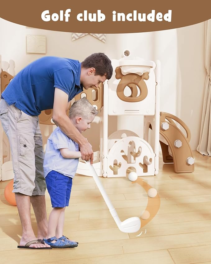 XJD 12-in-1 Toddler Slide and Swing Set, Kids Slide for Toddlers Age 1+, Toddler Outdoor Playset New Upgrade with Golf Set, Basketball Hoop, Drawing Board for Playground (Brown)