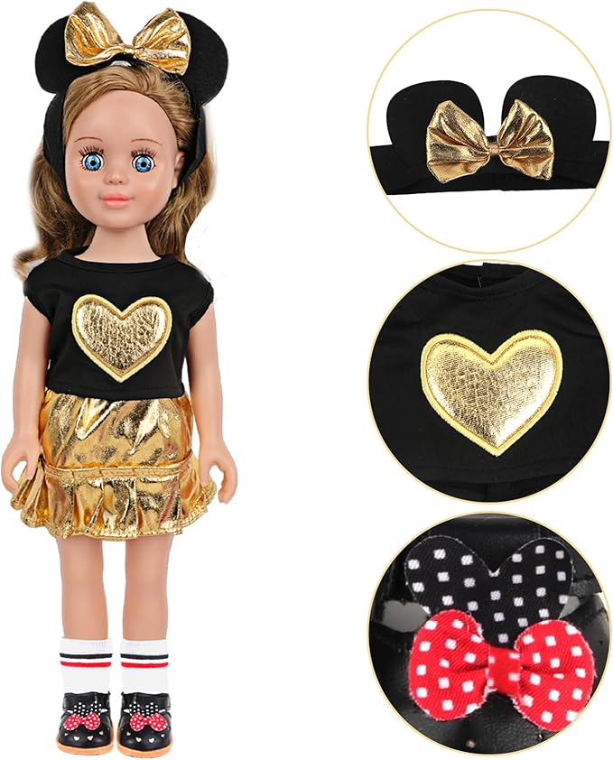 MSYO 18 Inch Doll Clothes and Accessories Set,Black Gold Heart Top & Metallic Gold Skirt Outfit with Mouse Ears Headband,Sunglasses,Socks,Shoes,Bracelet,Fits 16-18 Inch Baby Dolls(Gold)
