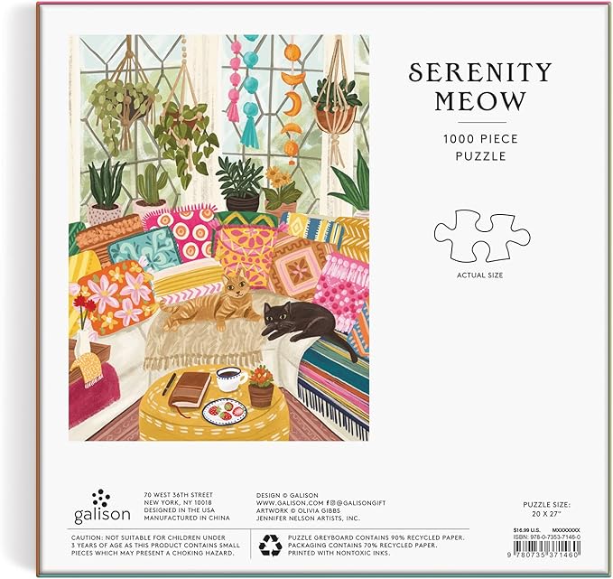 Galison Serenity Meow 1000 Piece Puzzle in a Square Box from Galison - 1000 Piece Puzzle for Adults, Colorful and Cattastic Illustrations, Thick and Sturdy Pieces, Idea