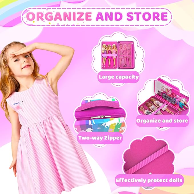Stylish Travel Case for 12 Inch Fashion Dolls - Storage Solution with Pockets for Doll Accessories - Best for On-The-Go Travel (3-Rainbow)