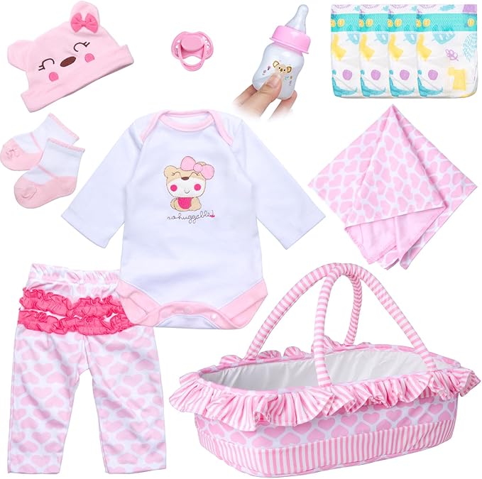PEDOLLTREE Reborn Baby Dolls Clothes Girl Outfit Accessories Pink Little Bear 12 Pcs for 17-22 Inch Reborn Doll Newborn with Pink Heart Bassinet