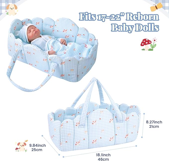 BABESIDE 3 Pcs Baby Doll Bassinet with Bedding Set for 17-22 Inch Babydolls, Cute Puppy Print Baby Dolls Crib Dolls Bed with Pillow Blanket for Reborn Baby Doll Accessories, Blue