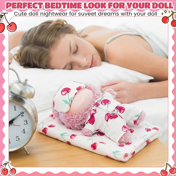 Simgoing 17cm Doll Clothes Pajamas Set with Pants Eye Mask Good Night Bedding Clothes Outfit Gifts Fits 17cm Dolls Accessories for DIY Dress up Lovers(Cute Cherry)