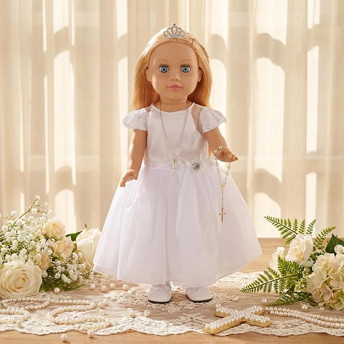 RoundFunny 7 Pcs 18 Inches American Doll Clothes Outfit First Communion Dress with Matching Headband Veil Bracelet Shoes Socks Necklaces Fit 18 Inches Dolls, Doll Not Included(Crown)